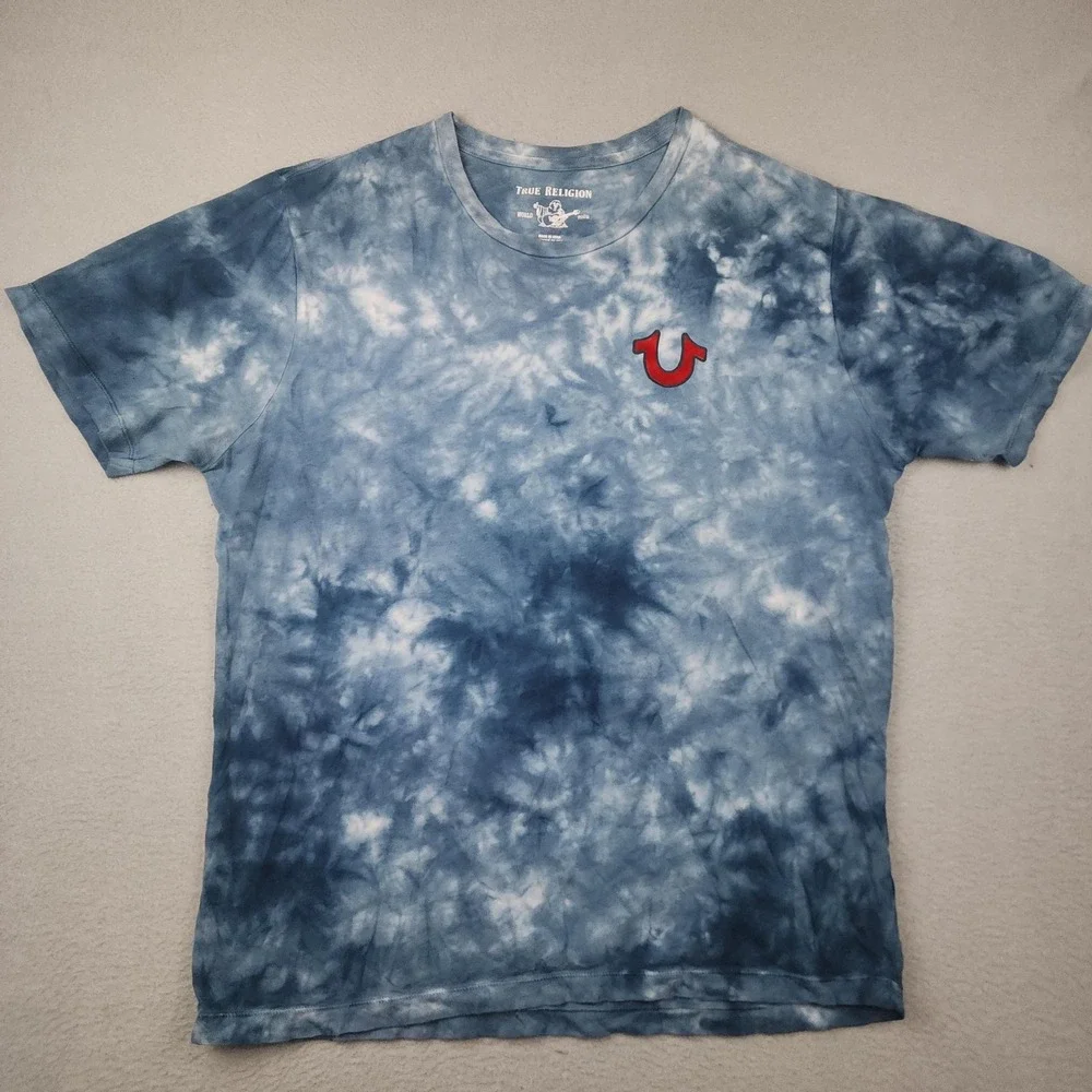 True Religion Shirt Mens Medium Blue Tie Dye Buddha Logo Crewneck Tee Music